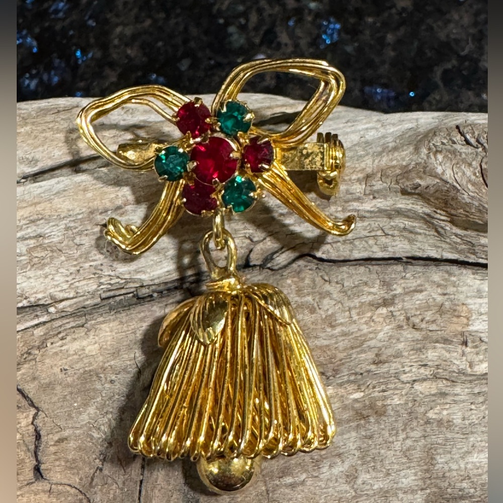 Vintage Christmas Bell Pin - red and green crystals